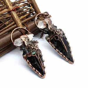 Gothic Black Obsidian White Crystal Raven Skull Arrowhead Pendant Only Vintage Bohemian Bronze Alloy Natural Stone DIY Jewelry Pendant