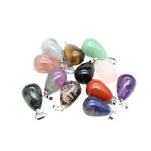 Assorted natural stone water drop pendants for necklaces with polished silver bails.