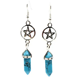 Detail showing the intricate pentagram and turquoise hexagonal pillar on these earrings.