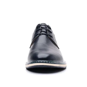 Front view of men's leather derby shoes in deep blue, elegant work footwear