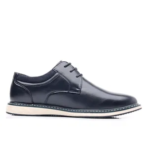 Side profile of a classic navy blue men's derby shoe with contrast stitching detail