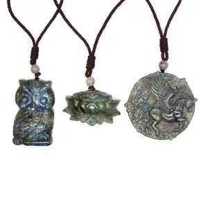 Natural Labradorite Hand Carved Pendant Necklace For Men Women Healing Crystal Meditation Stone Animal Flower Amulet Jewelry