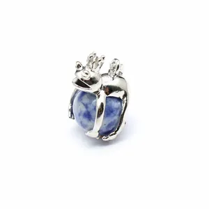 Detailed macro view of a silver frog prince pendant hugging a blue natural stone