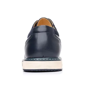 Detailed back view of men's navy blue leather dress shoes with a thick white sole