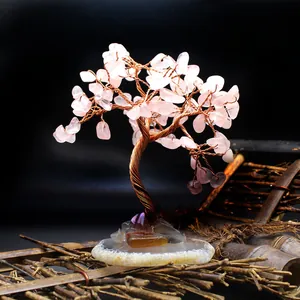 Hand-crafted rose quartz tree of life on natural agate base, 8-10cm mini bonsai decor.
