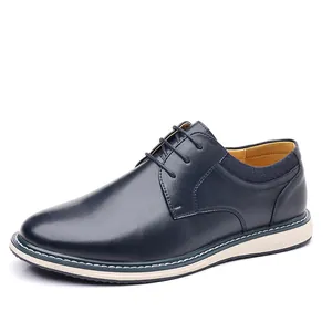 Navy blue leather derby shoes for men with detailed stitching and soft dual-color sole
