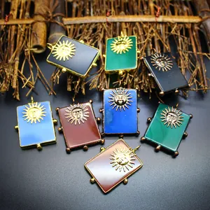 Pendentif Visage de Soleil Vintage en Pierre Naturelle Agate Obsidienne Rectangle Pendentif de Collier pour Hommes Femmes
