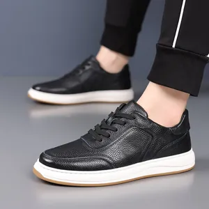 Premium black pebbled leather men's casual sneakers with comfortable white rubber sole