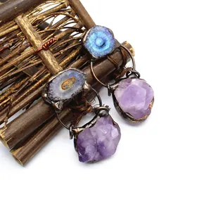 Natürlicher Amethyst Rohstein Sonnenachat Anhänger Vintage Bronze Legierung Geometrischer Kristall Anhänger Für Damen Bohemian Schmuck Geschenk