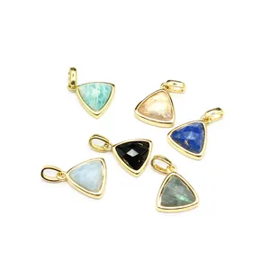 Close-up detail of triangular natural stone pendants with faceted cut and gold bezels