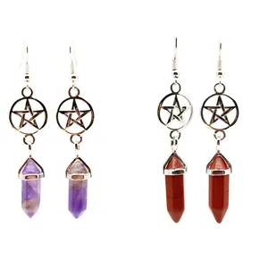 Bohemian Natural Stone Pentagram Pendant Earrings Hollow Star Circle Hexagonal Pillar Crystal Hook Dangle Earrings For Women