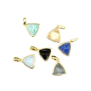 Set of faceted triangle gemstone pendants with gold-plated frames in various colors.