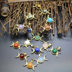 Variety of Triple Moon Goddess gemstone pendants with gold-plated crescent moon frames.
