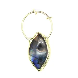 Detailed macro view of leaf-shaped labradorite pendant with golden hammered bezel