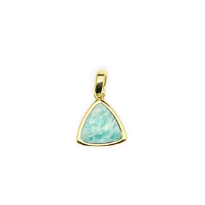 Detailed view of a triangular natural Amazonite gemstone pendant in a gold-tone setting
