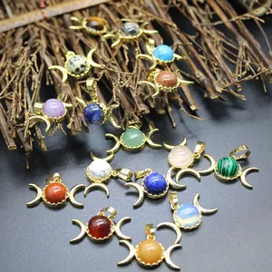 Triple Moon Natural Stone Pendant Necklace 24K Gold Plated Alloy Crystal Sun Moon Bohemian Mystic Jewelry For Women