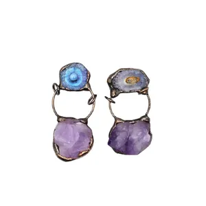 Handgefertigter Amethyst-Rohstein- und Solar-Achat-Anhänger mit Kupferrahmen im Vintage-Stil
