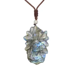 Detailed view of hand-carved labradorite pendant with vibrant blue labradorescence effect