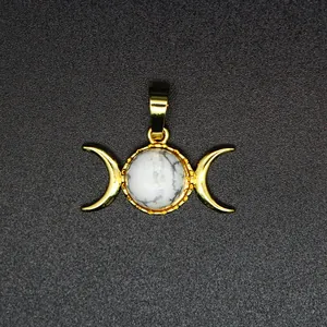 Triple moon goddess pendant with white howlite stone and gold plating