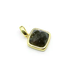 Detailed view of square faceted dark grey natural stone pendant with gold bezel