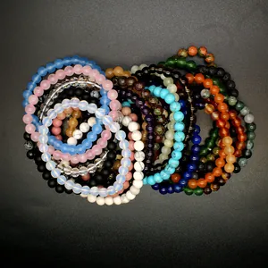 Collection of multi-colored 6mm natural gemstone round bead stretch bracelets for women