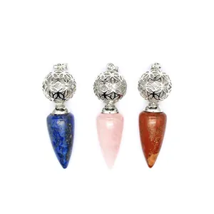Collana con Ciondolo a Cono in Pietra di Cristallo Naturale Sfera in Metallo Cavo Motivo Floreale Geometrico Gioielli in Lega Boho Pietra Curativa