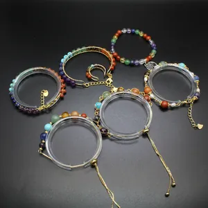 Detailed view of handmade 7 Chakra natural stone 14K gold filled adjustable bracelets