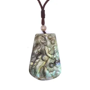 Hand-carved natural labradorite mermaid pendant necklace with stunning blue labradorescence flash