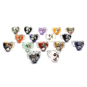 Vintage Heart Natural Stone Adjustable Ring With Rose Flower Decoration Alloy Crystal Open Ring For Women Jewelry Gift