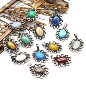 Vintage Naturstein Hohl Oval Anhänger Achat Legierung Ethnische Bohemian Schmuck Zubehör Für Damen Herren Geschenk