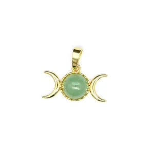 Close-up detail of a 24K gold-plated triple moon pendant with green malachite stone
