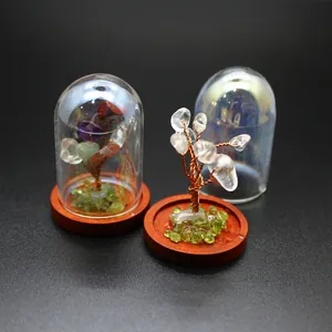 Mini Natural Crystal Stone Tree of Life Tabletop Ornament With Glass Dust Cover Handmade Copper Wire Money Tree Desk Decor
