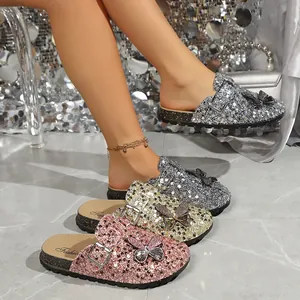 Women Fashion Sequin Clogs Comfortable Thick Sole Birkenstock Style Mules With Rhinestone Butterfly Metal Buckle Slippers