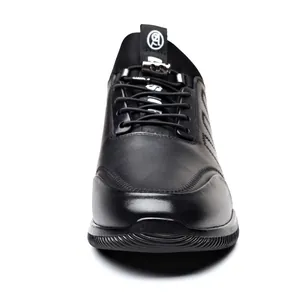 Vue frontale détaillée des chaussures d'ascenseur en cuir noir avec talon caché 6 cm