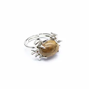 Detaillierte Makroansicht eines silbernen Krabbenrings mit einer großen braunen Steineinlage.