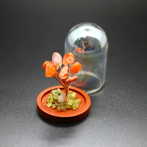 Miniature agate crystal tree of life with glass dome and wooden base for decor