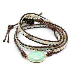 Handmade multi-wrap bracelet with natural Amazonite beads and green faceted stone