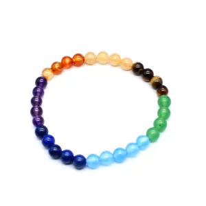 Macro view of minimalist 6mm natural stone beads arranged in a rainbow gradient style