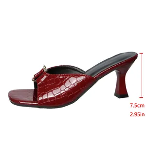 Side view of wine red crocodile embossed mule sandal showing 7.5cm heel height measurement