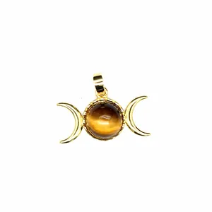 Close-up of 24K gold plated triple moon pendant with tiger's eye stone