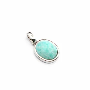 Detailed view of a natural oval Amazonite gemstone pendant in a polished silver-toned setting