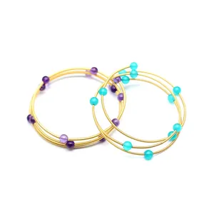 Bracelet Jonc pour Femmes Plaqué Or 24K Spirale à 3 Couches Pierre Naturelle Améthyste Agate Verte Cristal Bijoux