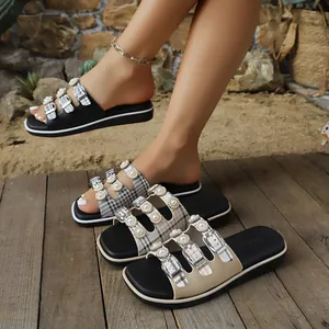 Ciabatte da Donna Stile Francese Con Decorazione in Perle Artificiali Motivo a Quadri Punta Quadrata Sandali Bassi per Spiaggia Vacanza Estate Scarpe alla Moda