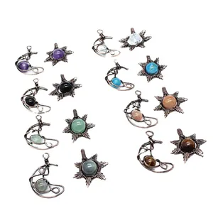 Handmade wire wrapped natural stone sun and moon pendants collection in antique copper