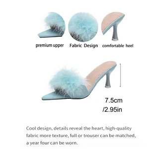 Dettagli e misura tacco 7.5cm dei sandali azzurri a spillo con decorazione in pelliccia