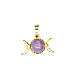 Elegant triple moon goddess pendant with purple amethyst crystal and gold-plated finish