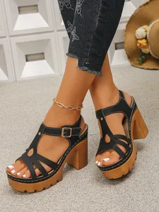 Gedetailleerd overzicht van zwarte sandalen met grove hoge hak en plateau voor dames