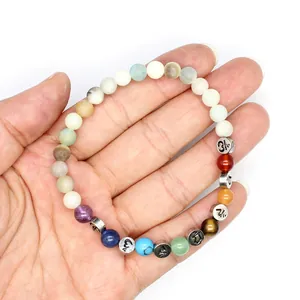 Nahaufnahme eines 7-Chakra Natursteinarmbands mit 6mm Perlen an einer Hand getragen