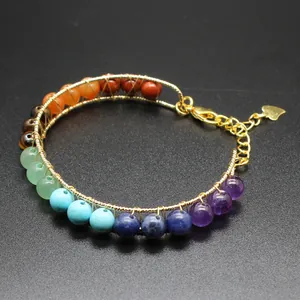 Detailed close-up of a handmade 14K gold-filled 7 chakra natural stone bead bracelet.
