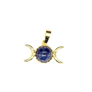 Macro view of a 24K gold-plated triple moon goddess pendant featuring a blue stone